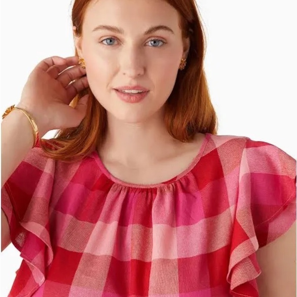 kate spade Pink and Red Plaid Ruffle Sleeve Blouse EUC - Picture 3 of 13